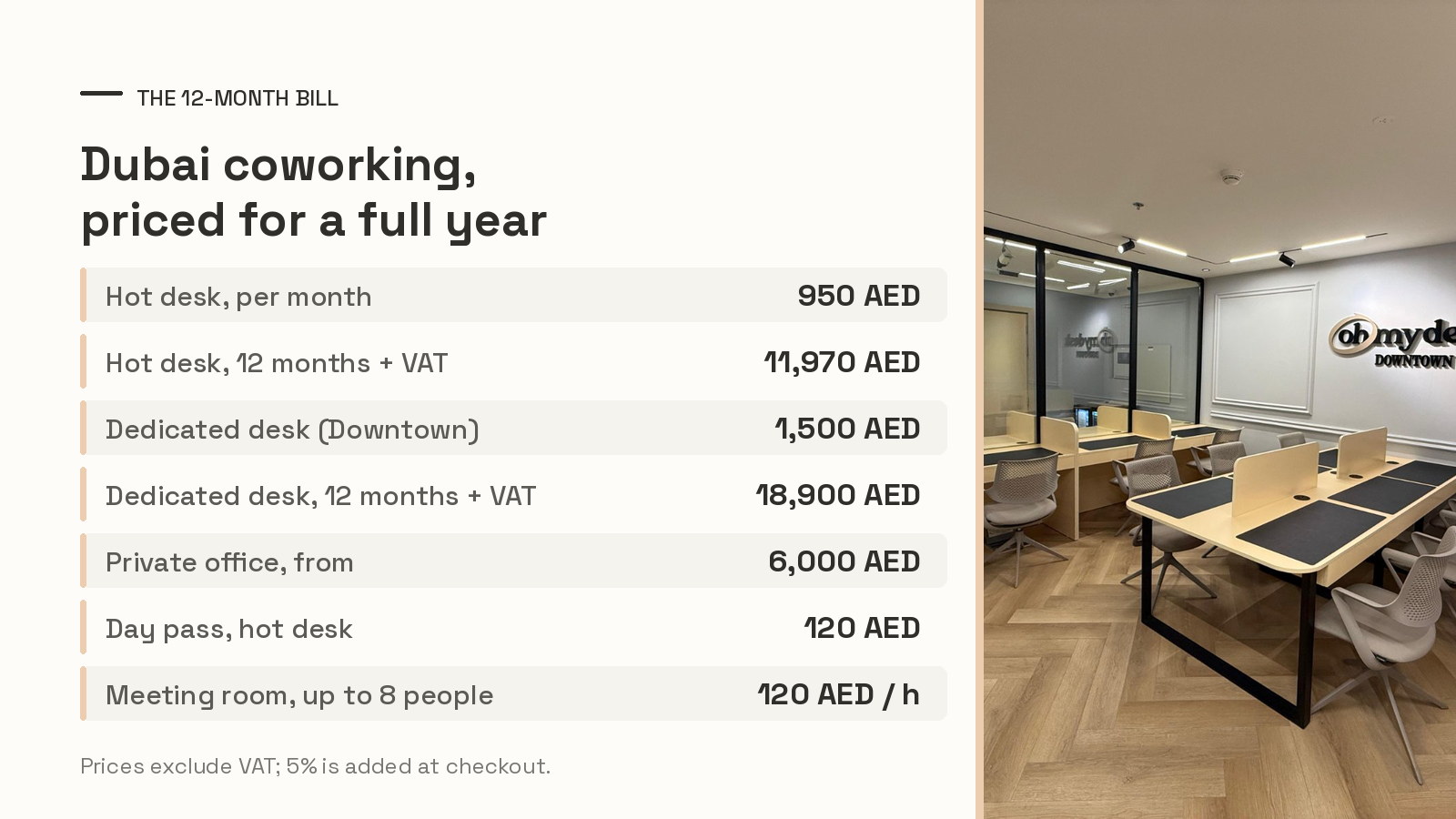 Price table comparing Dubai coworking plans over twelve months, from a 950 AED hot desk to a private office, beside a photo of the dedicated desk bank at Oh My Desk Downtown