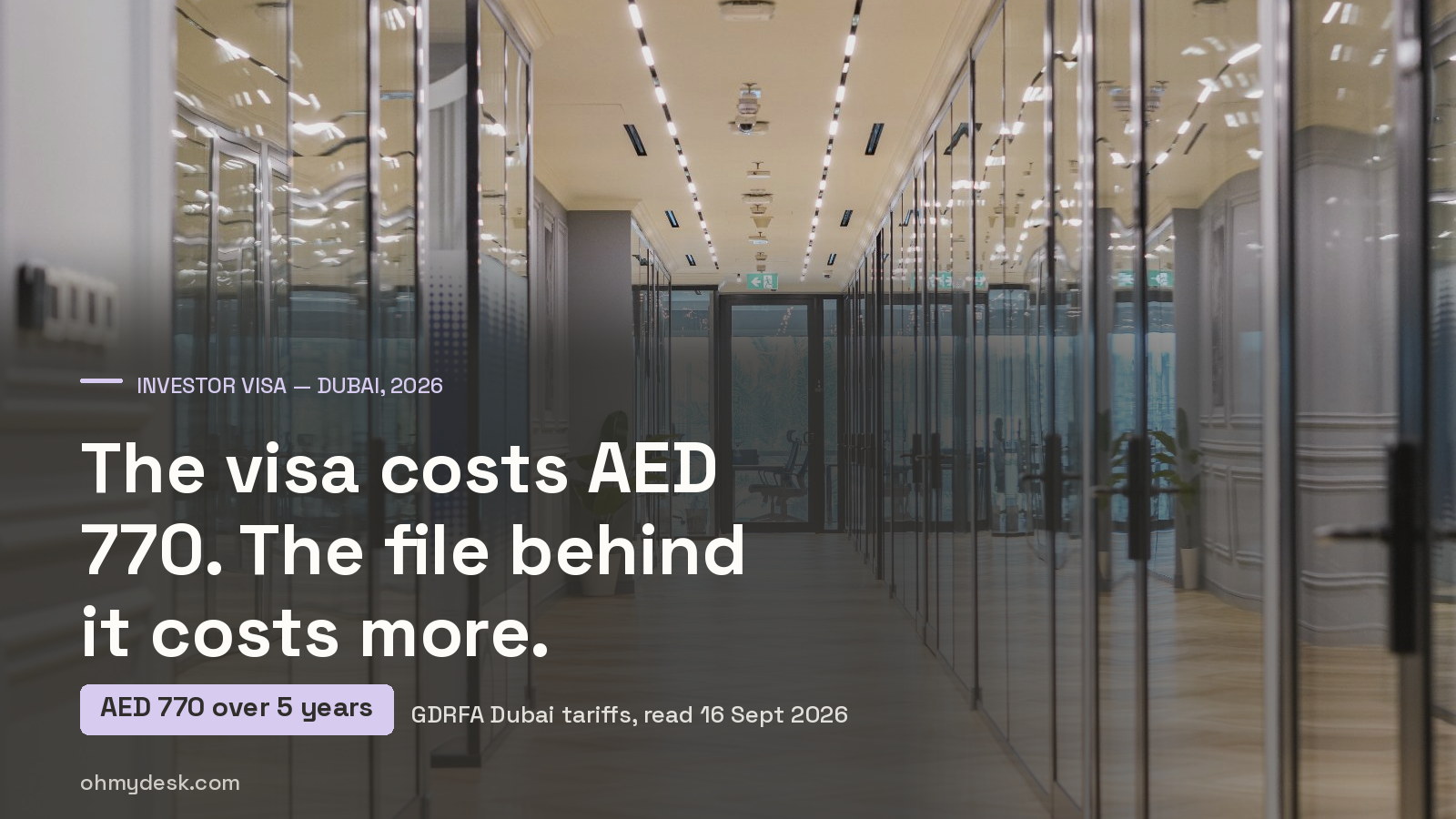 Corridor of glass-fronted private offices at Oh My Desk Business Bay, the kind of registered address a Dubai trade licence and an investor visa file are built on