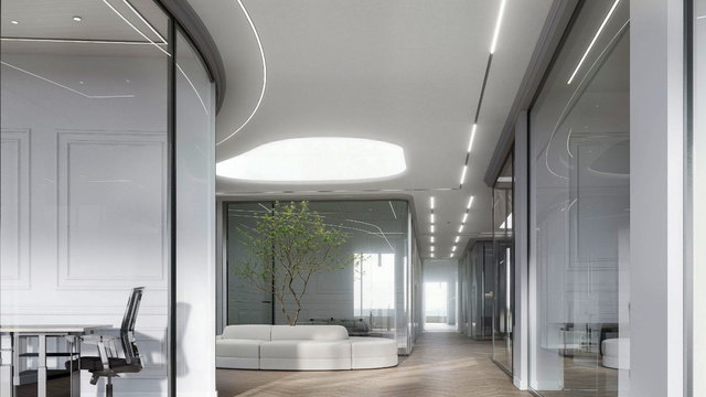 Curved lounge with a tree and glass-walled offices at Oh My Desk Business Bay Dubai, thumbnail for the 2026 Dubai maid visa cost guide