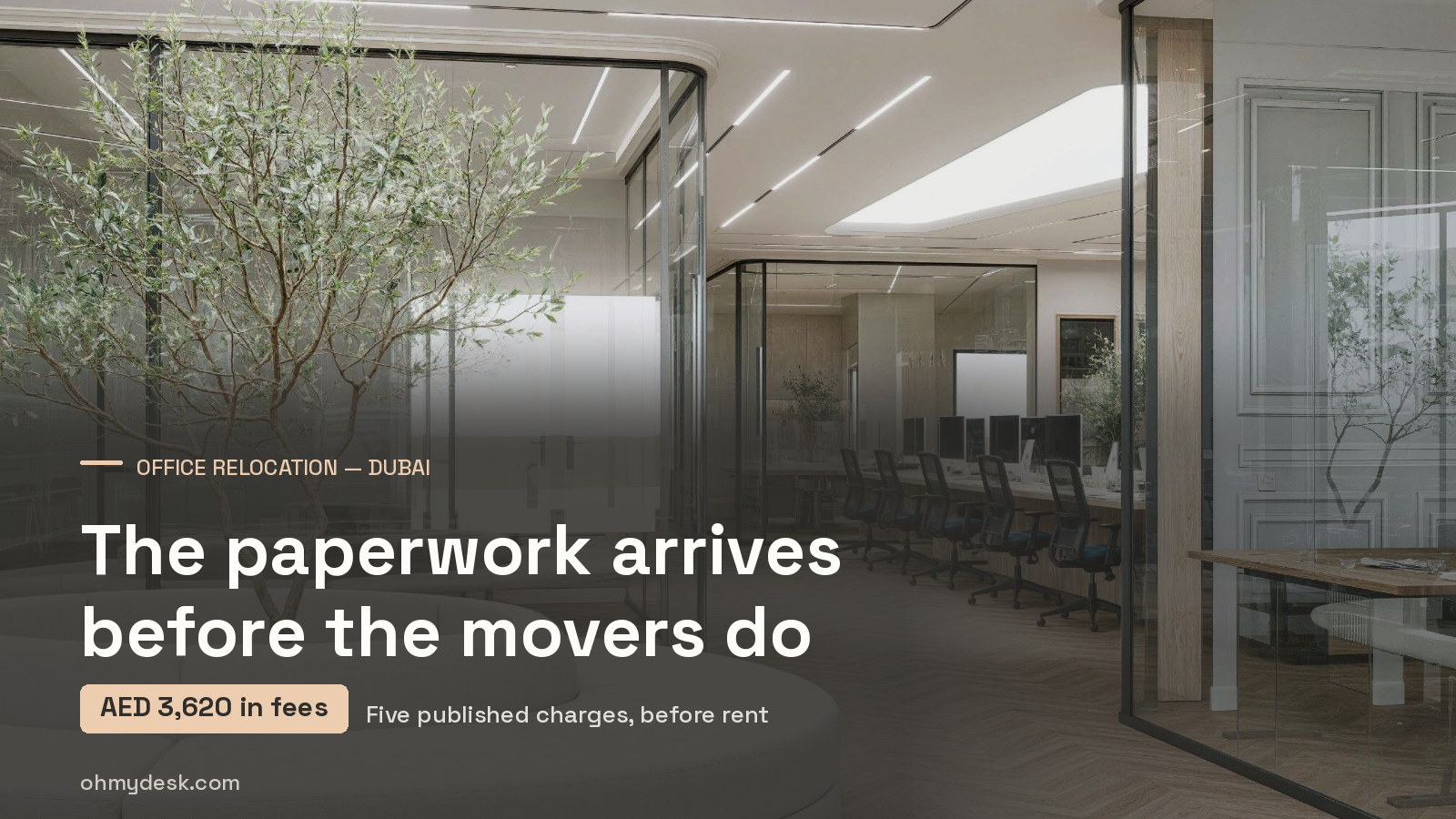 Open-plan workspace at Oh My Desk Downtown Dubai, with a glazed meeting room and a row of fitted desks behind a curved lounge seat, seen from the lounge a company would move into