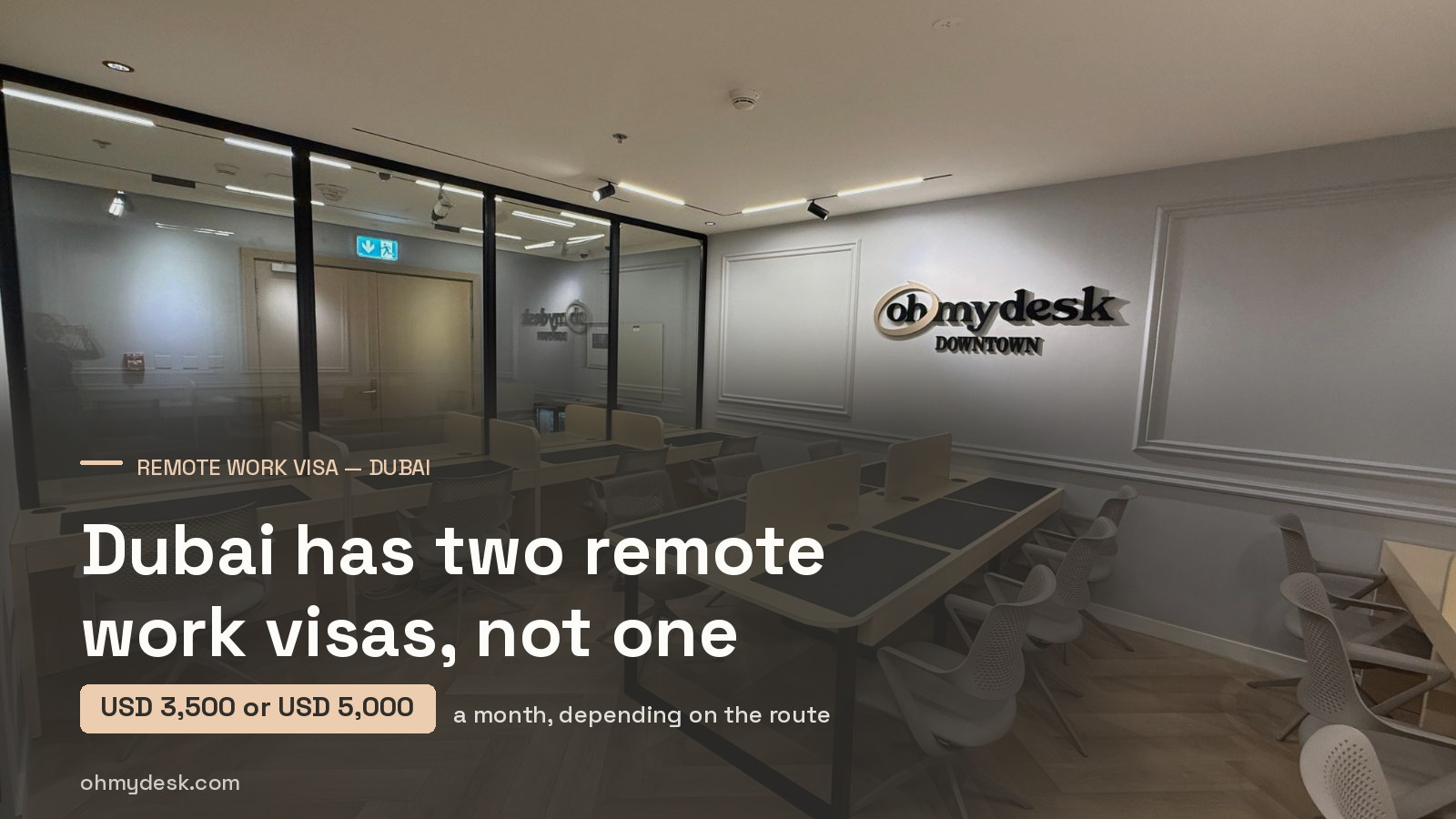 The Oh My Desk coworking floor in Downtown Dubai, captioned with the two monthly salary thresholds — USD 3,500 and USD 5,000 — that separate the two UAE remote work residency routes in September 2026