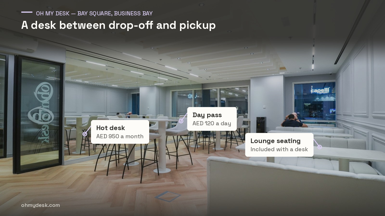 The Oh My Desk coworking lounge at Bay Square, Business Bay, with markers on the high tables, a bar stool and the lounge sofas