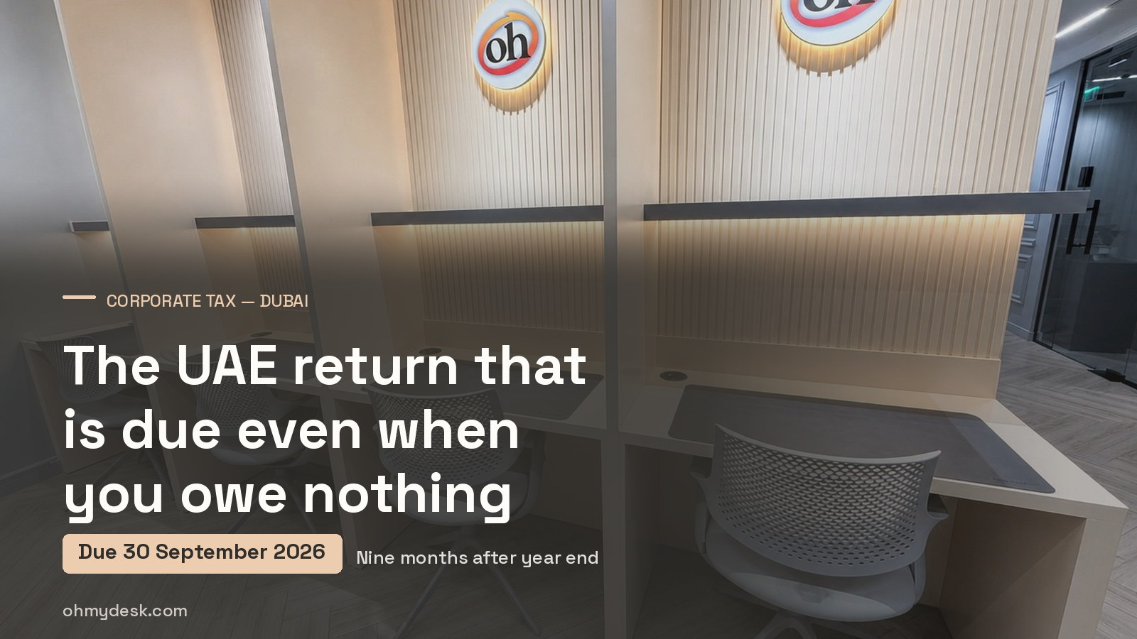 High-backed work booths at Oh My Desk Downtown Dubai, over a guide to the 30 September 2026 UAE corporate tax return deadline