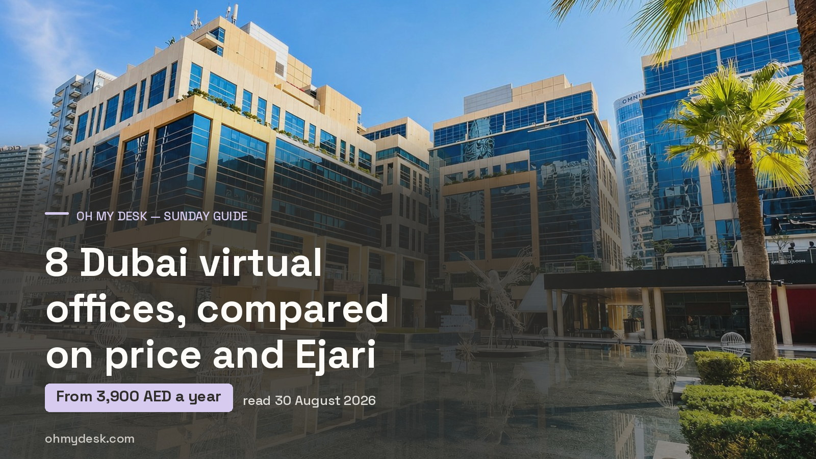 Bay Square in Business Bay, Dubai, where Oh My Desk holds a business address, over a guide comparing eight Dubai virtual offices on published price and Ejari