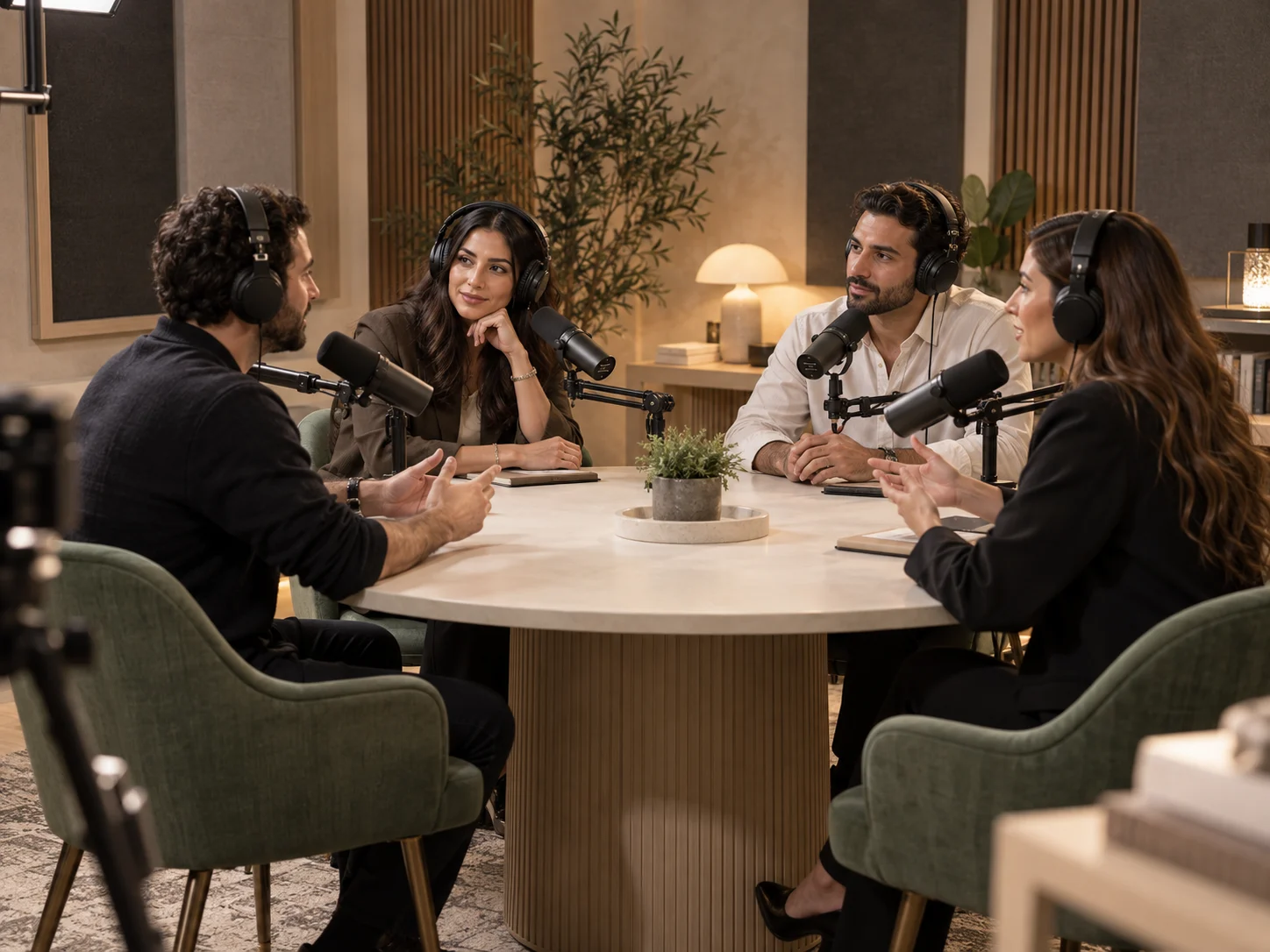 AI illustration of 4 people recording a podcast — Round table studio concept