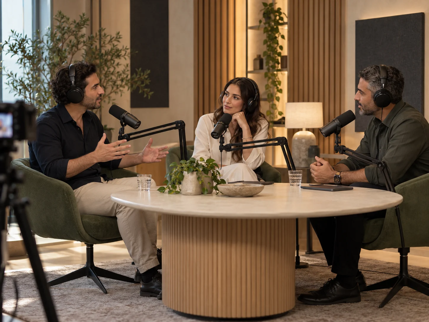 AI illustration of 3 people recording a podcast — Panel studio concept