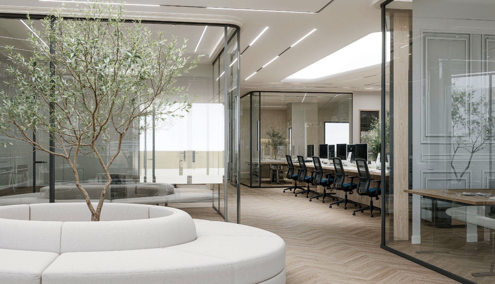 Oh My Desk Dubai Design District — open space, olive tree and coworking desks, opening 1 October 2026