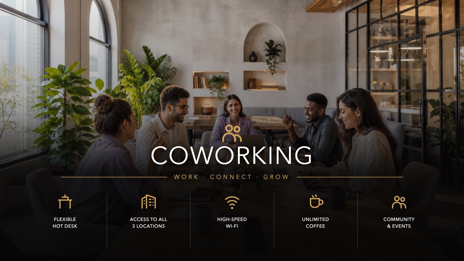 Oh My Desk Business Bay coworking space: high tables, banquettes and natural light